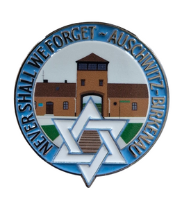 Never Shall We Forget Auschwitz-Birkenau Enamel Badge